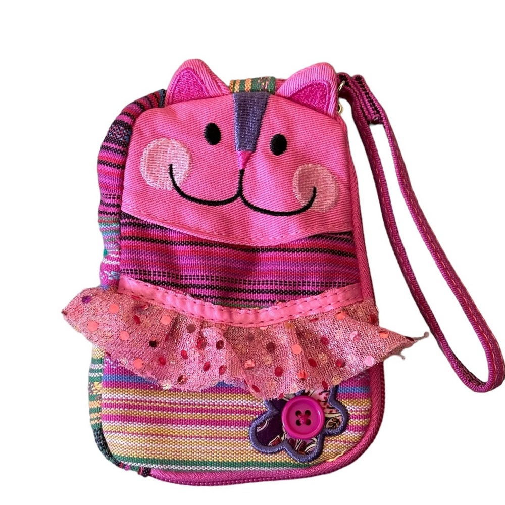 Stephen Joseph Signature multi colored Cat wristlet. Wrap around zip.